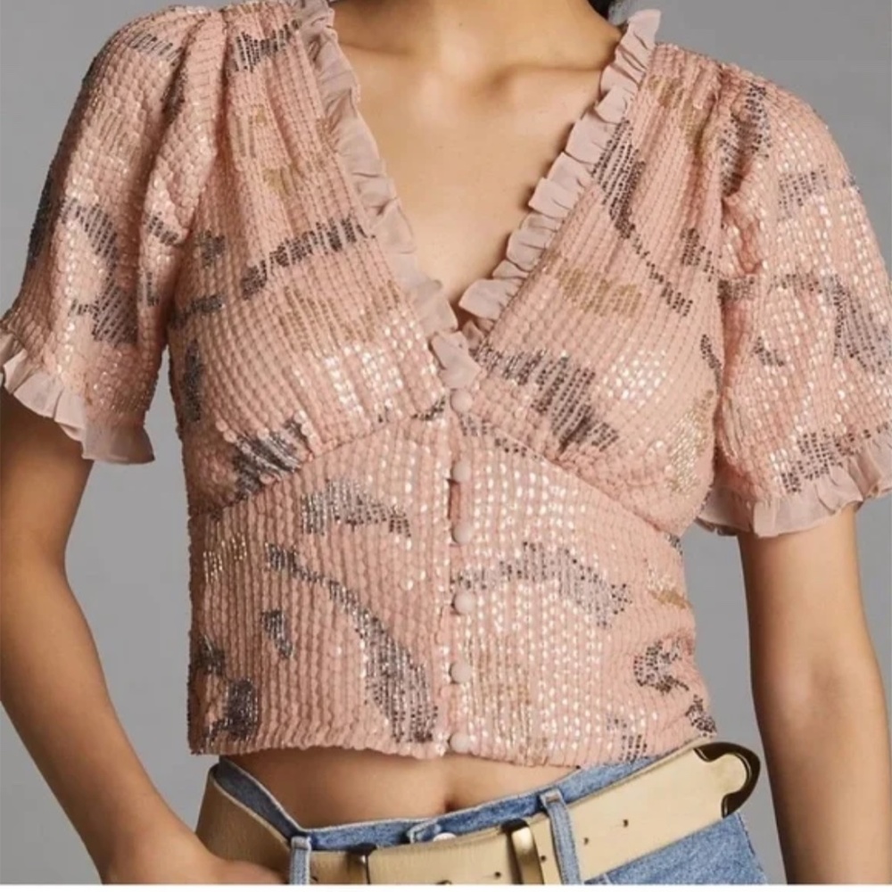 NWT Anthropologie | Forever That Girl | Pink Sequined V-Neck Ruffle Blouse, 3X
